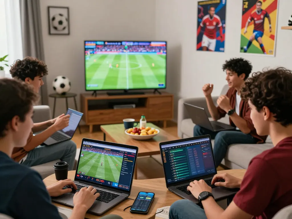 Engaging online betting scene with diverse group focused on sports wagering, highlighting 1gom activities in a cozy living environment.