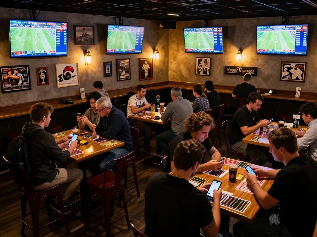 Patrons engaging in sports betting excitement at VA88, surrounded by screens showing live games and odds