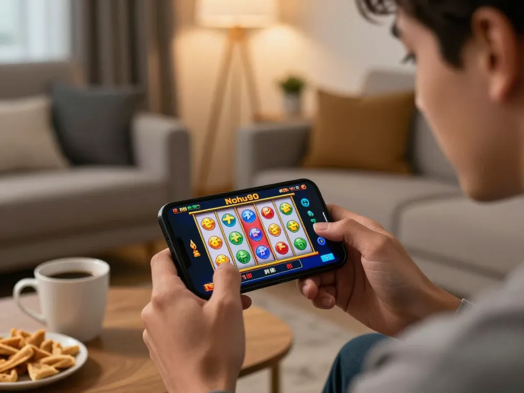 Nohu90 player enjoying a live slot game on smartphone in a cozy living room setting.