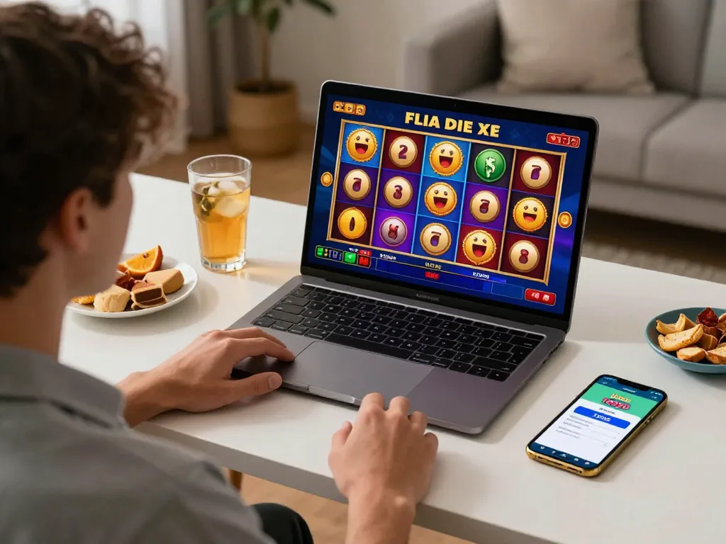Exciting home gaming scene with a player engaging in slot depo 10000 online experience on laptop.