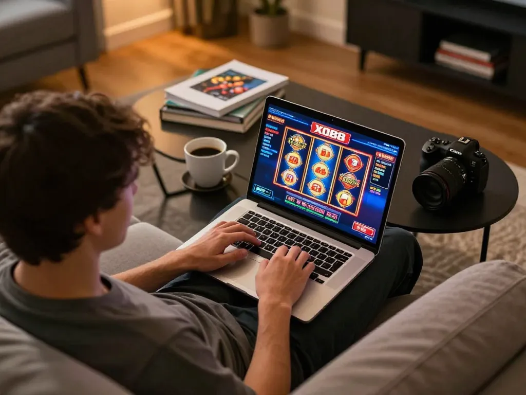 Engaging with XO88 casino games on a laptop while enjoying a cozy home environment.