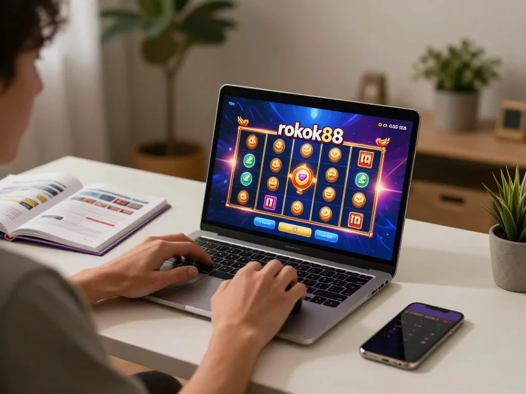 Pemain menikmati permainan slot rokok88 di laptop, menampilkan grafis yang cerah dan suasana strategis.