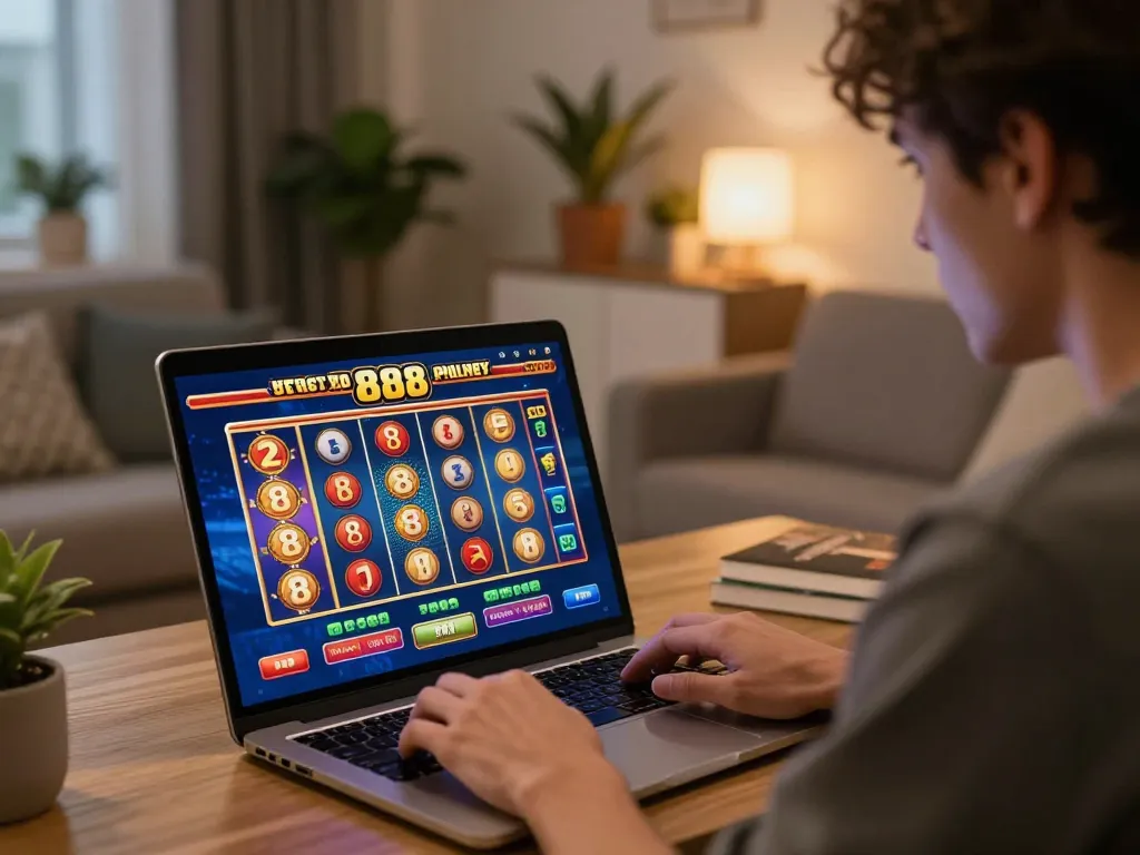 Player enjoying a thrilling slot88 game on a laptop at home with a cozy ambiance.