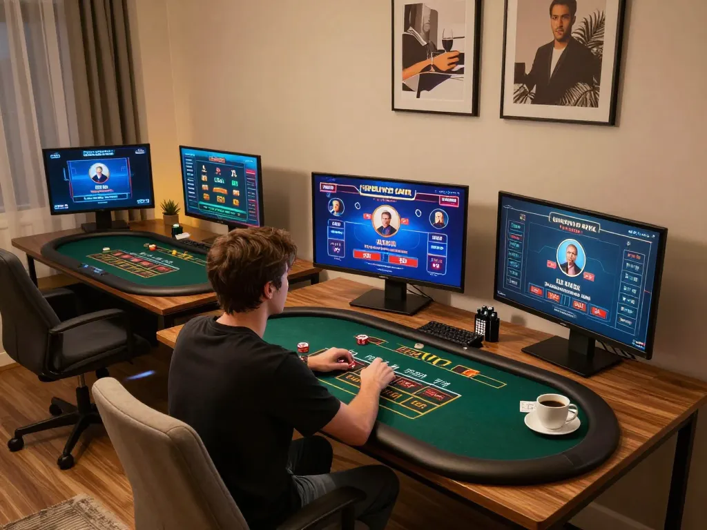 Player enjoying online casino games and poker on multiple screens, illustrating xo88s platform in a comfortable setting