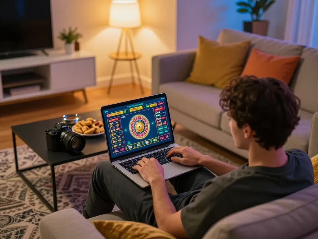 Engaging person enjoying SC88 Game roulette at home setup, showcasing online gambling atmosphere.