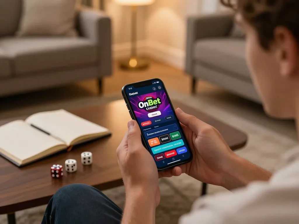 Engaging with the OnBet app, a player enjoys strategic gameplay in a cozy home setting.