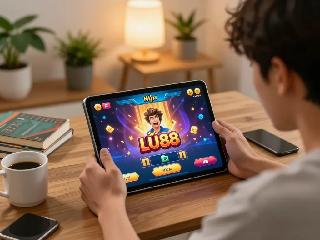 Engaging player focused on nổ hũ LU88 game on tablet in cozy home setting.