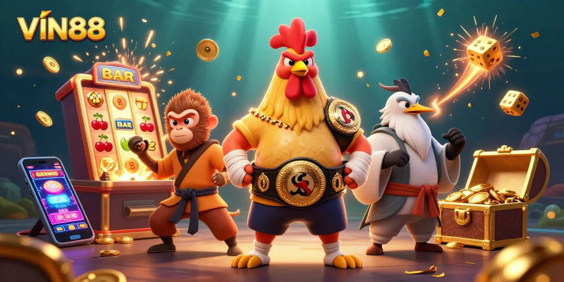 Spin and win with VIN88, showcasing a thrilling casino scene of characters and jackpot excitement.