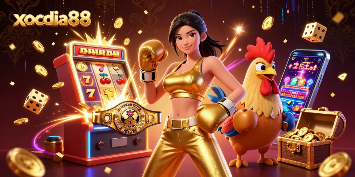 xocdia88 showcases an exciting casino scene with a powerful woman and championship rooster amidst a jackpot explosion.