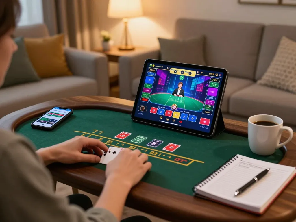 Player enjoying live dealer blackjack on a tablet at home, showcasing f8bet gaming experience