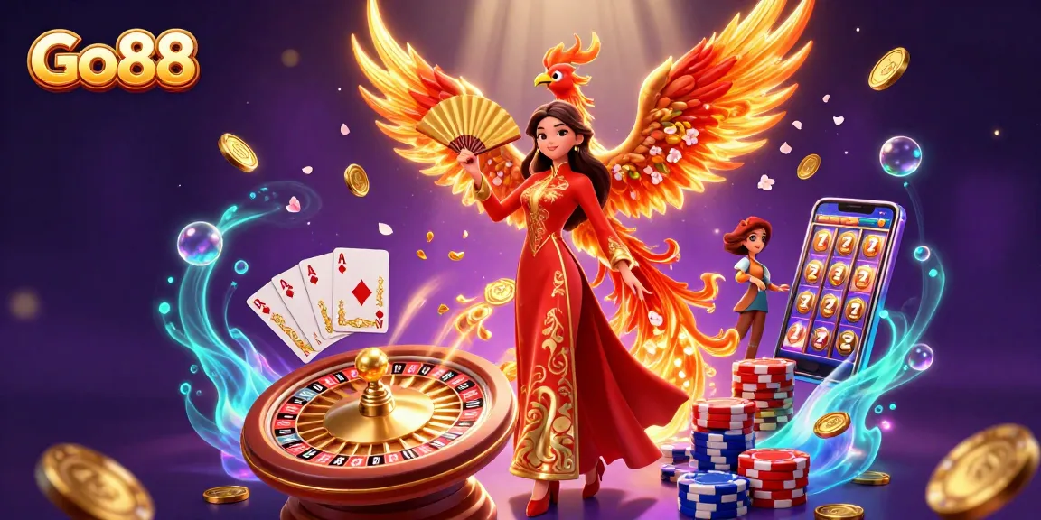 Experience the excitement of Go88 with vibrant visuals, a phoenix, and cascading treasures in this dynamic casino scene.