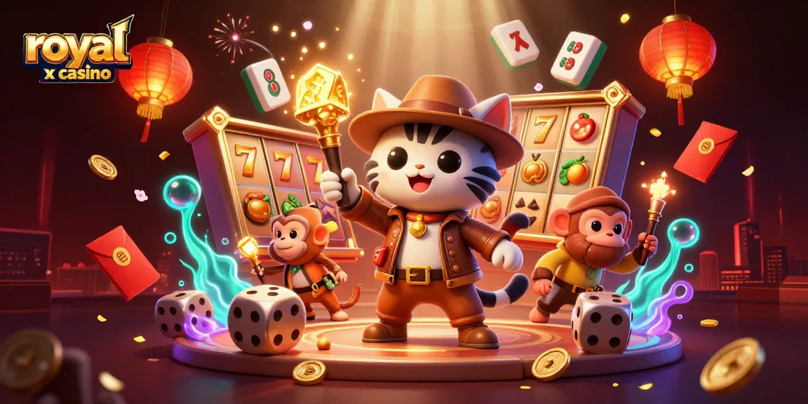 Engage in the royal x casino adventure with a winning cat and monkey amidst golden slot reels and festive elements.