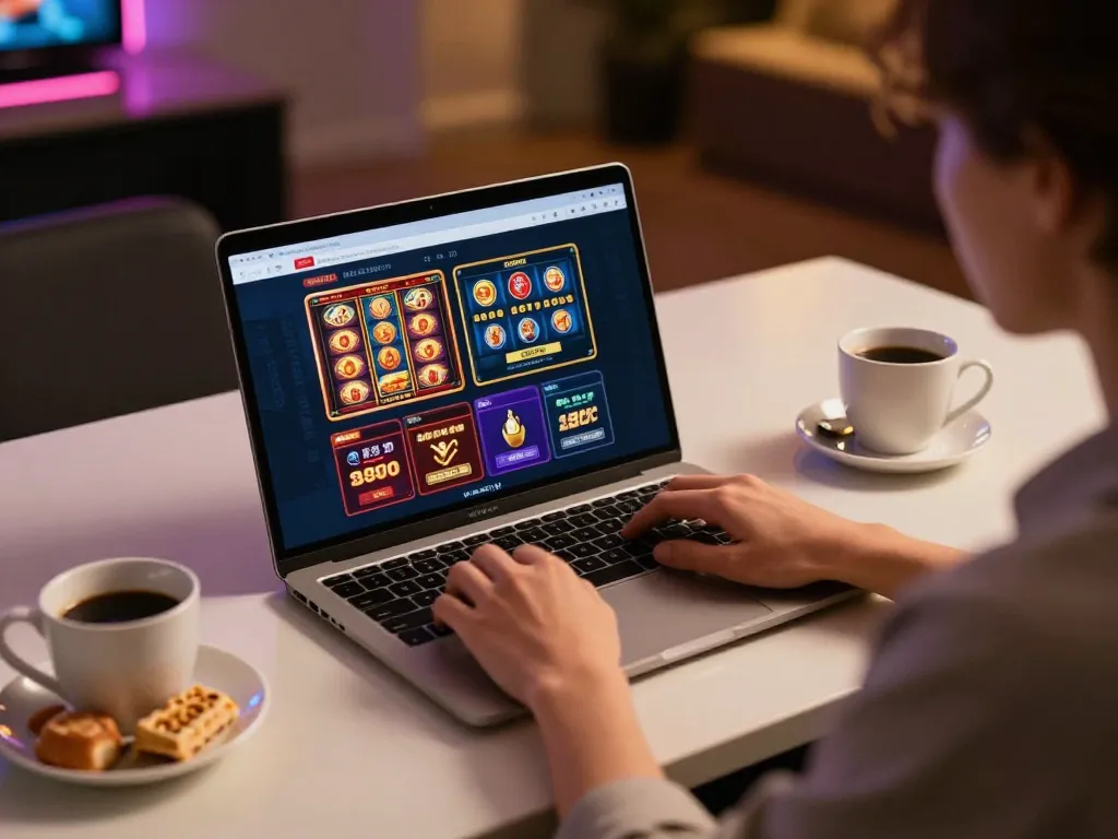 Playing exciting games at one88h online casino on a laptop in a cozy home environment.