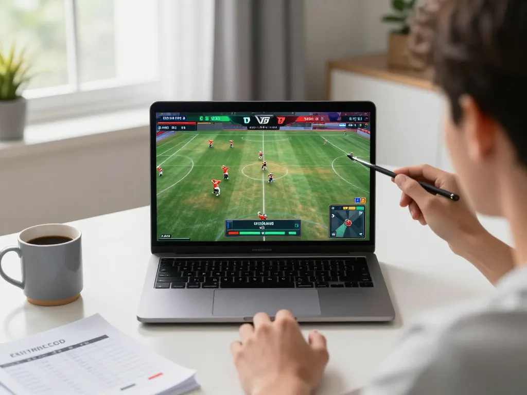 Watching đá gà cựa dao trực tiếp on laptop during an exciting live match.