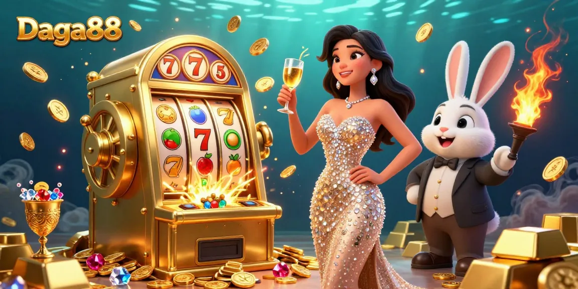 Daga88 and a golden jackpot slot illustrate winning strategies in an engaging online casino scene.