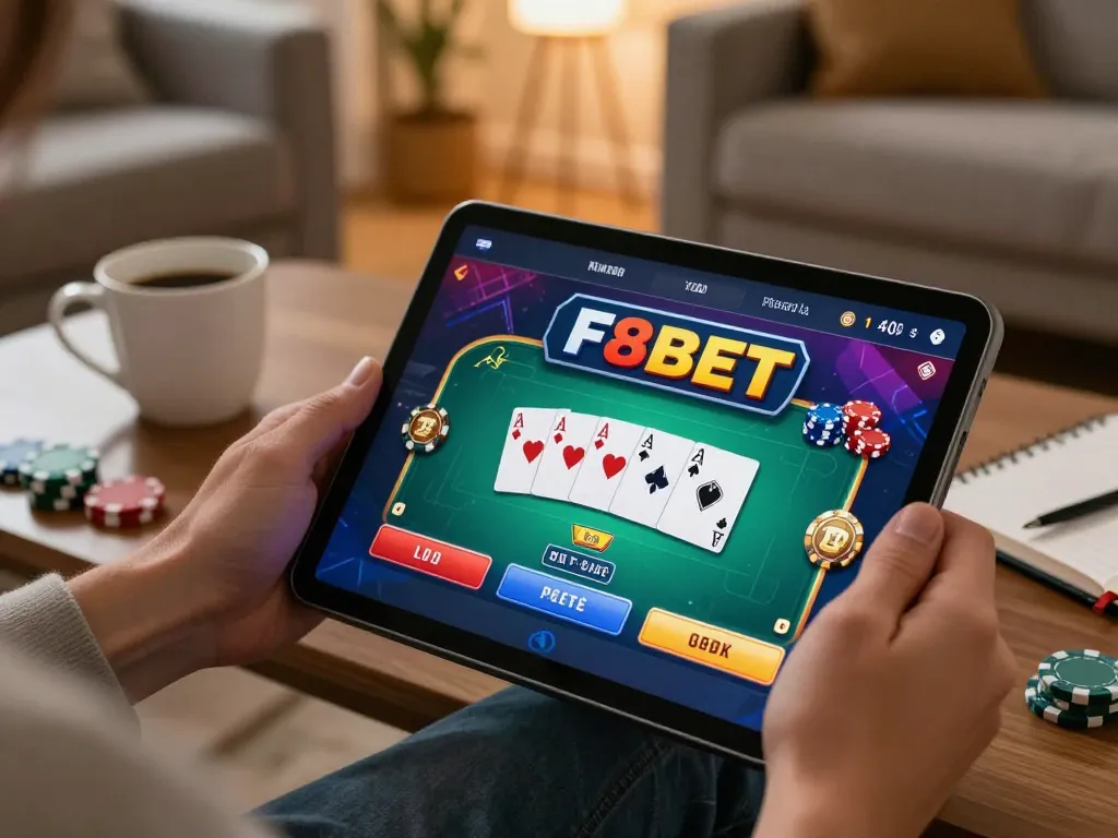 Player engaged in F8BET poker gameplay on a tablet, showcasing strategy notes and a warm home setting.