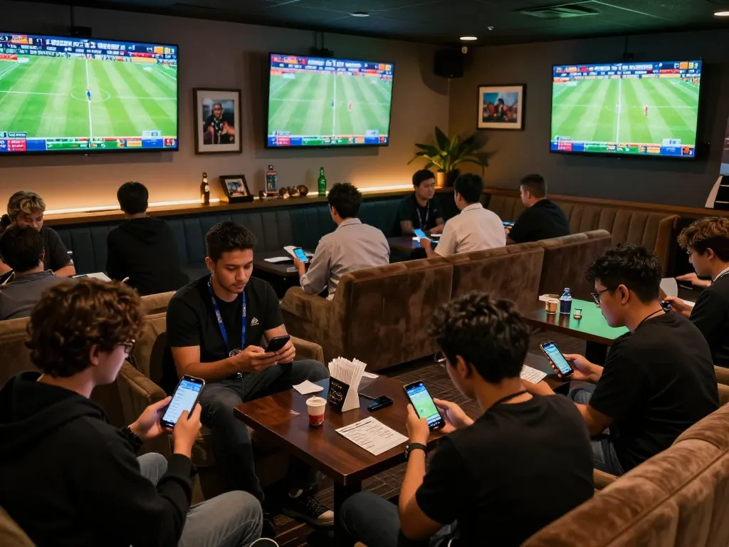 Bóng88 sports betting action with enthusiastic bettors placing wagers in a lively lounge atmosphere.