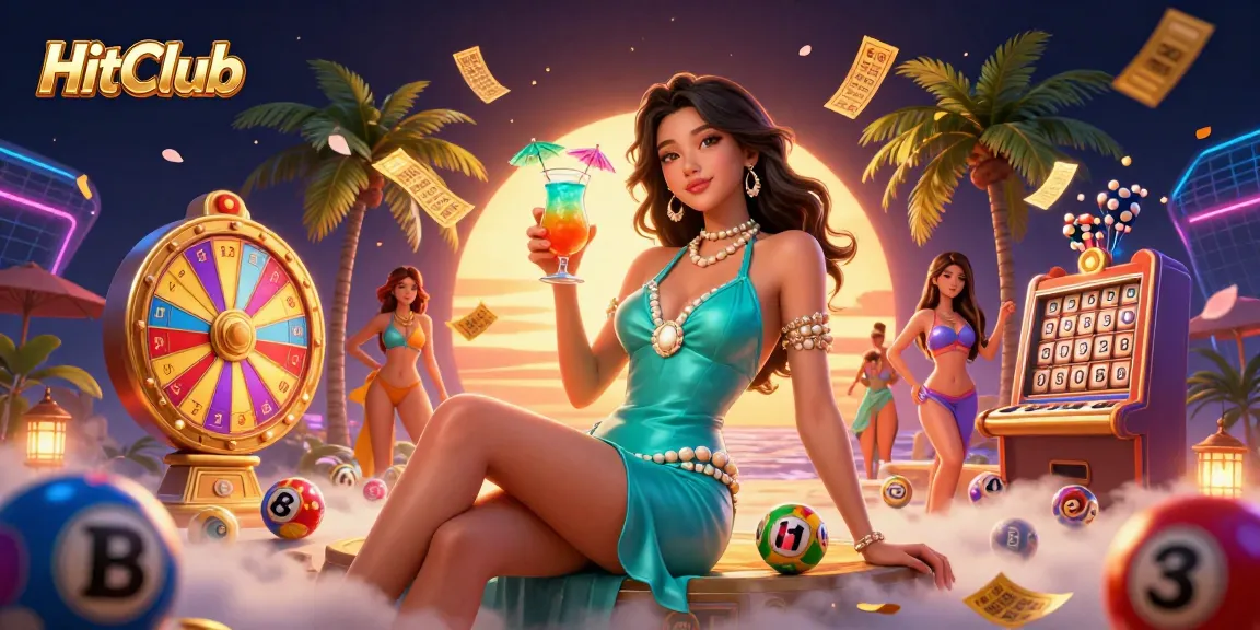 Join the fun at HitClub with vibrant lottery balls and exciting casino elements in a tropical paradise.