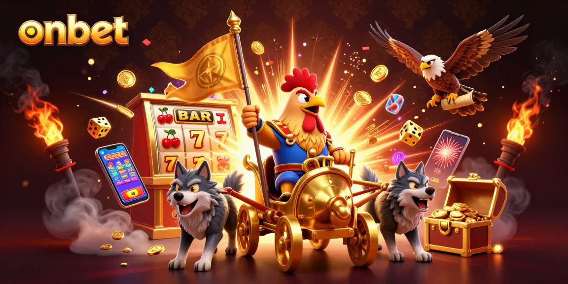 Wager on amazing games at Onbet with a 3D cartoon rooster warlord leading a dynamic casino scene.