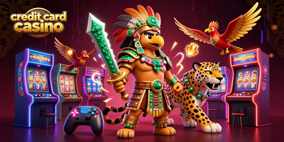Engage with the vibrant credit card casino scene featuring Aztec warriors and arcade games.