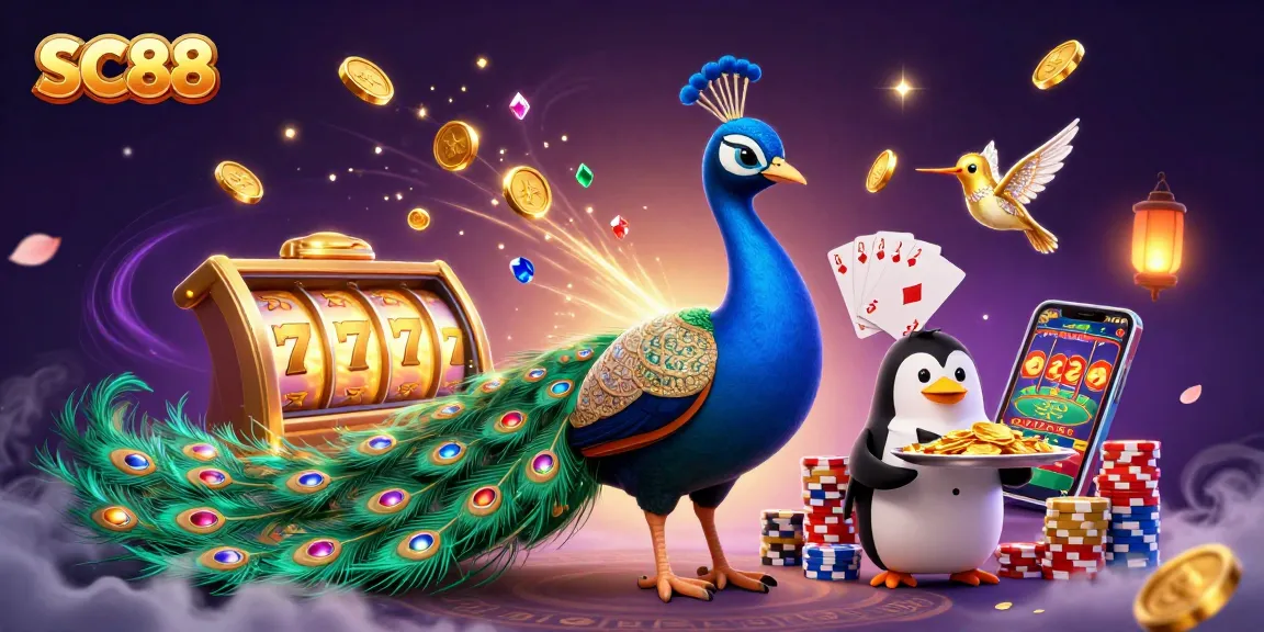 Experience SC88's vibrant gaming world with a peacock, butler penguin, and hummingbird amid dynamic casino action.