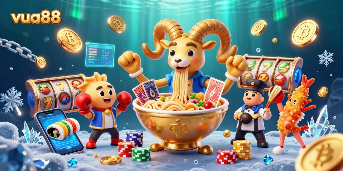 vua88 showcases a vibrant gambling scene with a golden ramen bowl character dealing cards and surrounded by crypto coins.
