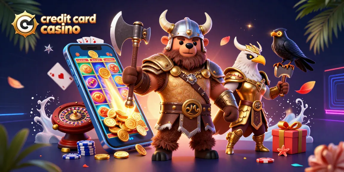 Experience the thrill of credit card casino gaming with dynamic characters, slots, and vibrant elements.
