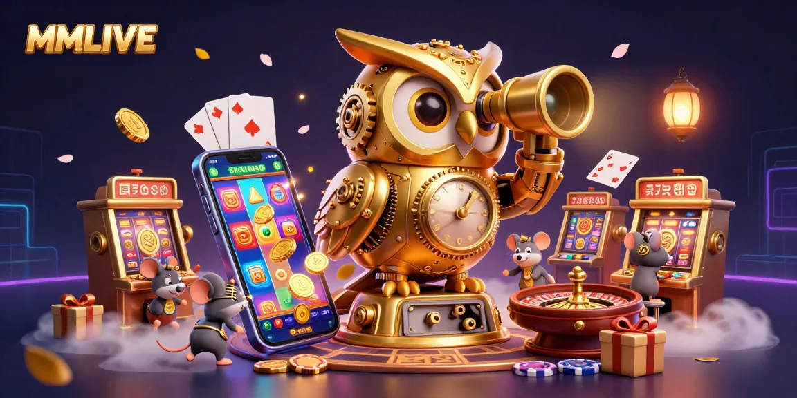 MMLIVE app shows colorful slot games with captivating golden owl characters in a bustling casino scene.