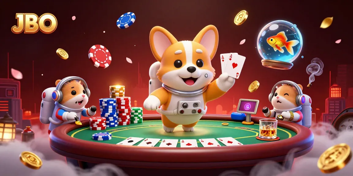 Experience JBO's thrilling space casino with a floating corgi and vibrant poker action.