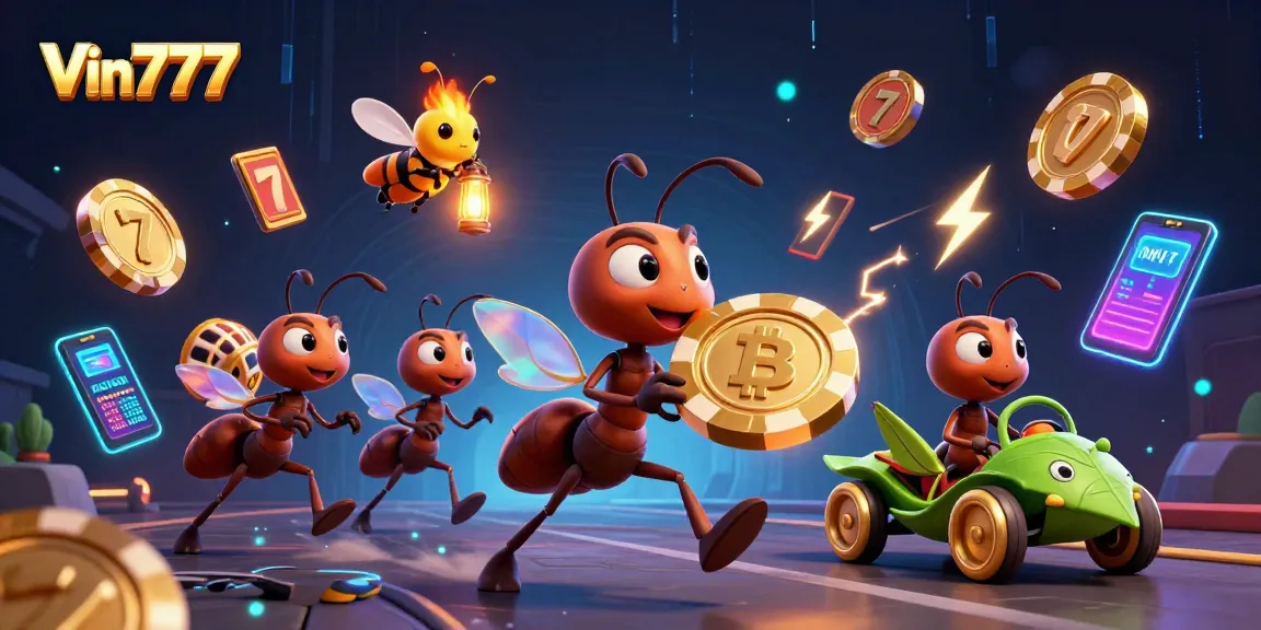 Experience thrilling heist action with Vin777 as ants carry a gigantic poker chip amidst glowing crypto elements.