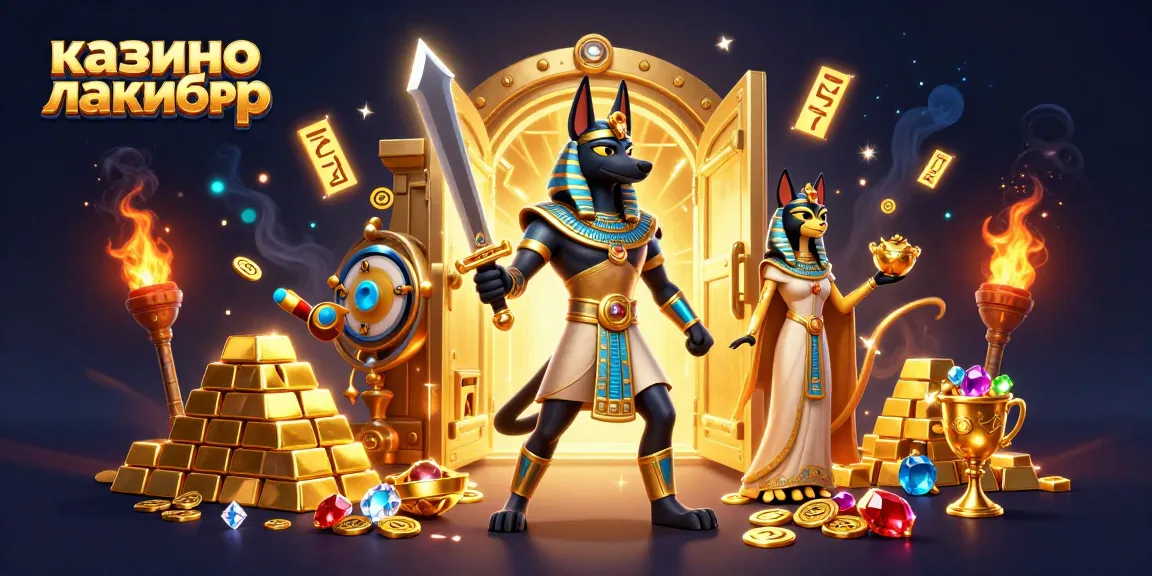 Experience the excitement of казино лакибир with a dazzling slot game illustration showcasing Anubis and Bastet.